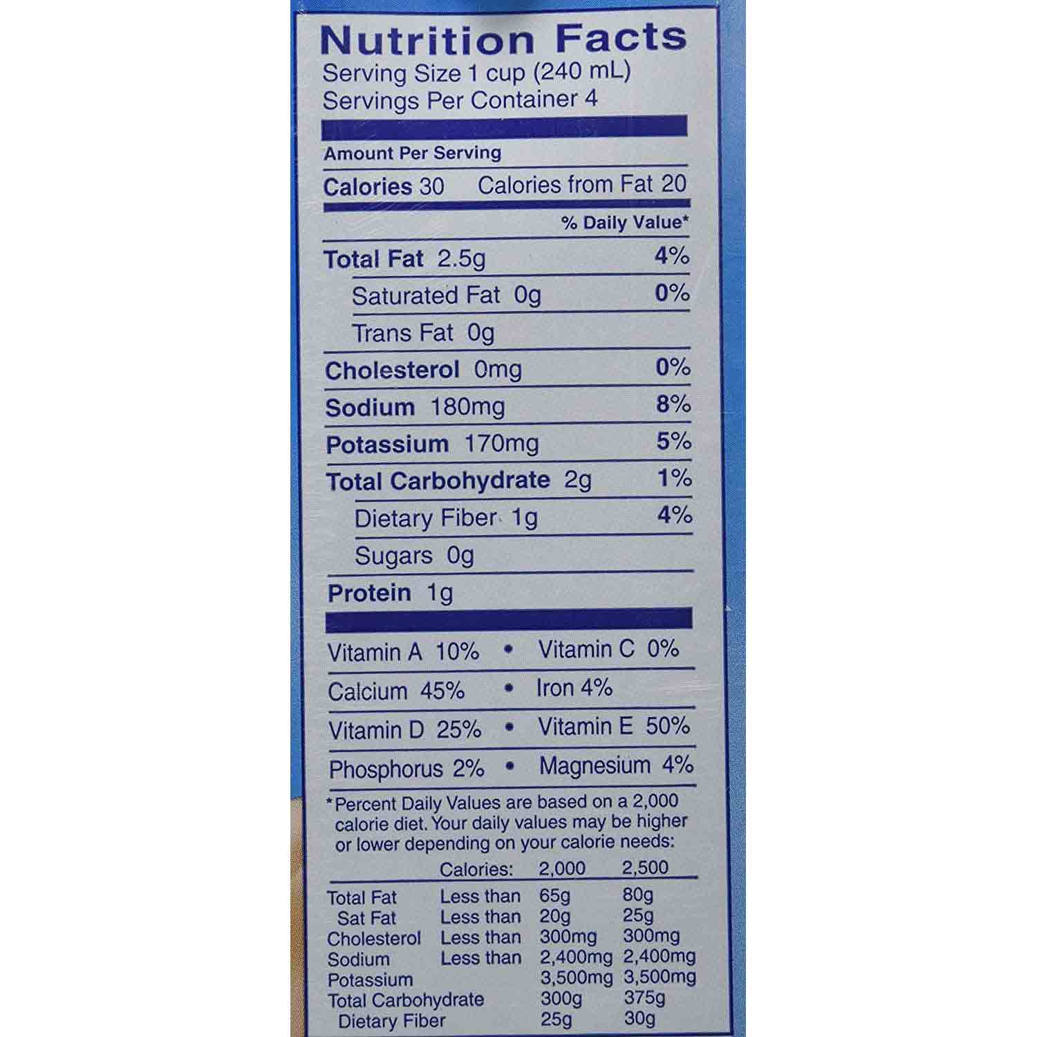 nutritional facts for almond breeze milk